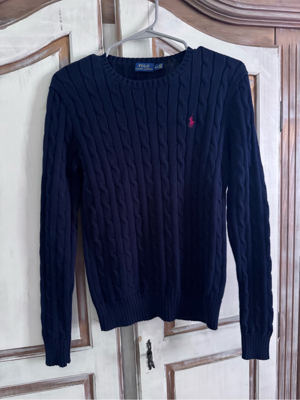 Ralph Lauren Navy Cable-Knit Crewneck Sweater with Pink Pony